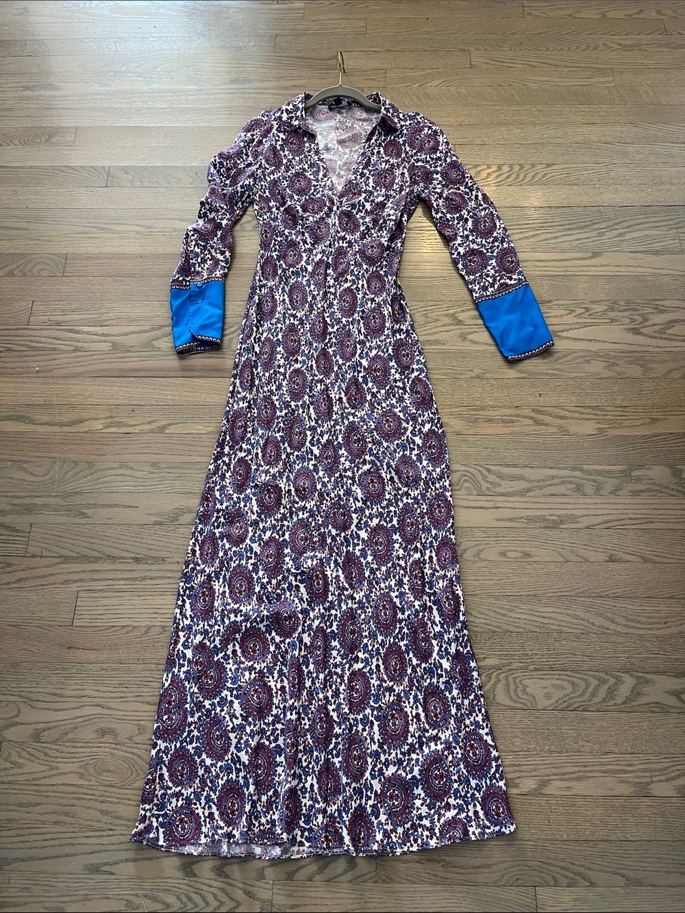 J Crew collection long Sleeve Purple blue paisley print silky maxi dress